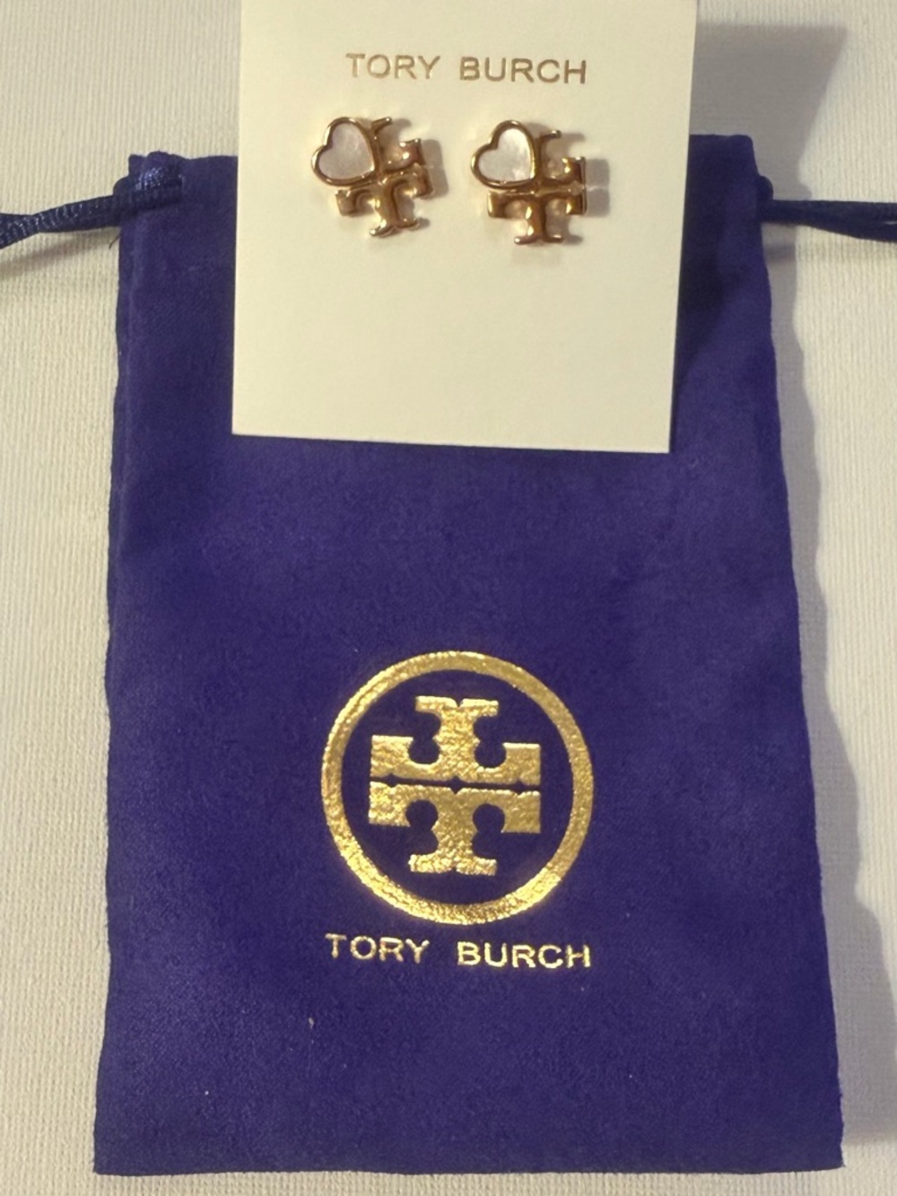 Tory Burch Authentic Gold Logo Stud Earrings With Mother Of Pearl Heart Detail